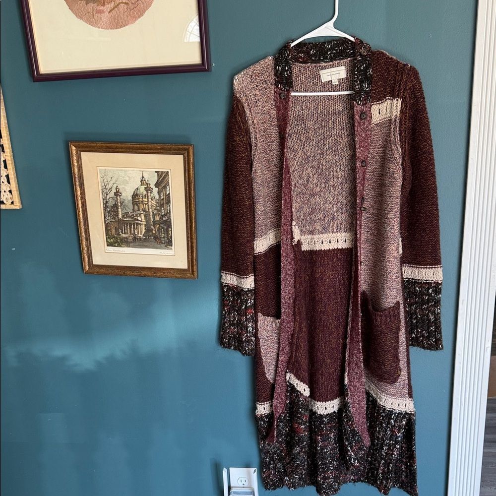 Angel Of The North Maroon and Dusty Pink Patchwork Knit Long Cardigan